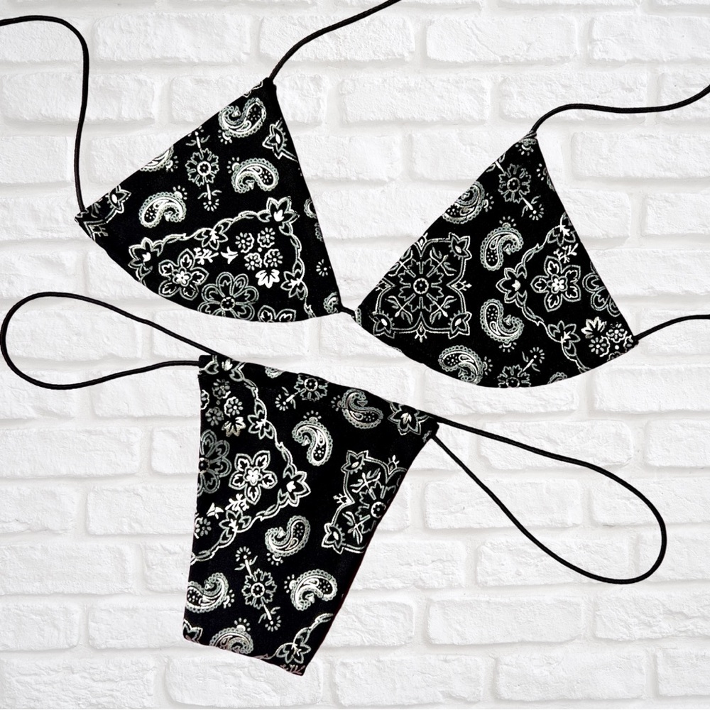 Black and Silver Paisley Bandana Print Black Exotic Dancewear Microkini
